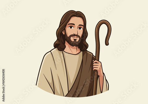 Cartoon Illustration of Jesus Christ Holding a Wooden Staff.