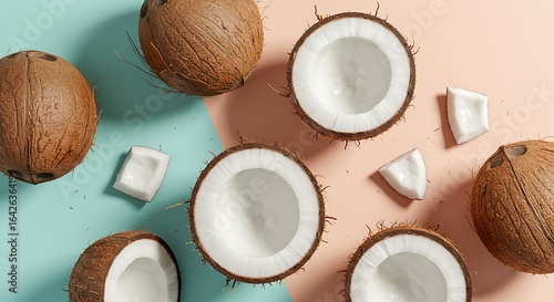  Overhead View of Coconuts Split in Half on a Bicolor Surface