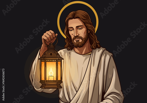 Jesus Christ Holding a Lantern with Halo Illustration.