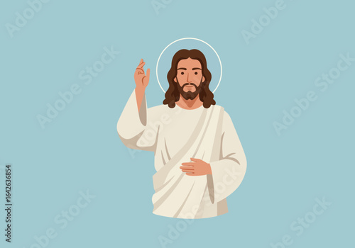 Jesus Christ with Halo Raising Hand in Blessing Vector Illustration.