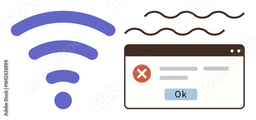wireless signal and browser window with error message and acknowledgment button highlight connectivity issues. Ideal for technology, troubleshooting, digital communication, error messages, support