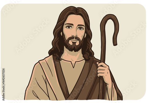 Cartoon Illustration of Jesus Christ Holding a Wooden Staff.