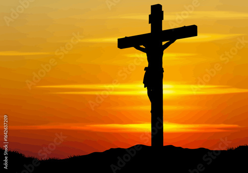 Silhouette of Jesus Christ on the Cross at Sunset.