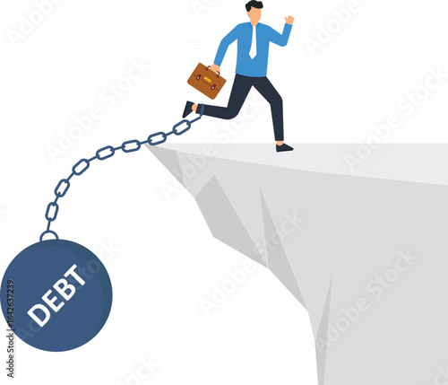 Businessman escaping debt, chained to a ball with the word DEBT, running towards the edge of a cliff.,white background, escaping debt, business attire, financial struggle, concept illustration