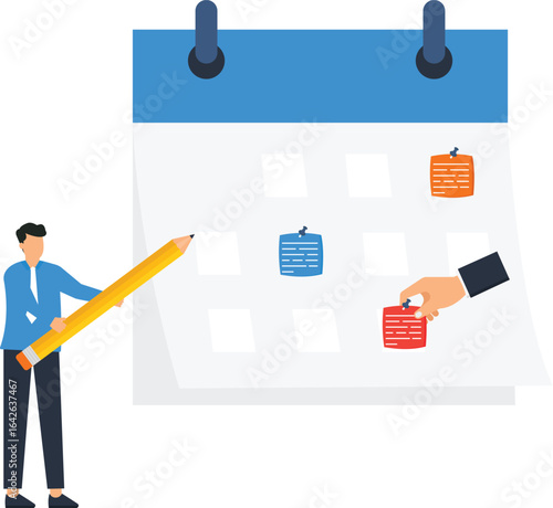 Calendar and Planning Concept: Businessman with Pencil, Notes, and Schedule,, time management, planning concept, scheduling concept, business concept, hand holding, business attire, cartoon character,