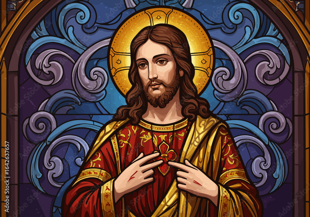 Naklejka premium Stained Glass Depiction of Jesus Christ with Halo and Red Robe.