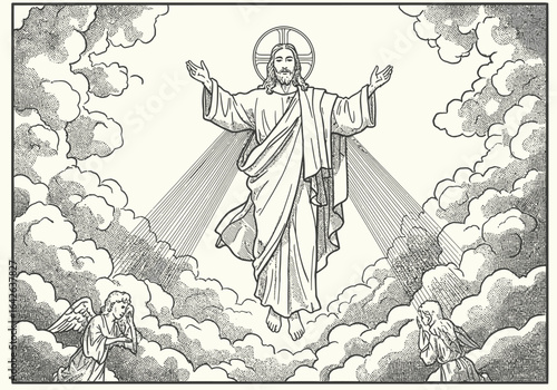 Jesus Christ Ascending to Heaven with Angels in Clouds Illustration.