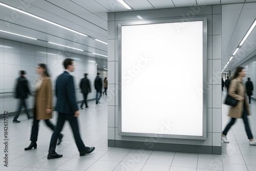 Fototapeta Naklejka Na Ścianę i Meble -  Blank advertising mockup display in modern subway station corridor with people walking past in motion blur, ideal for branding or poster presentation. Ai generative