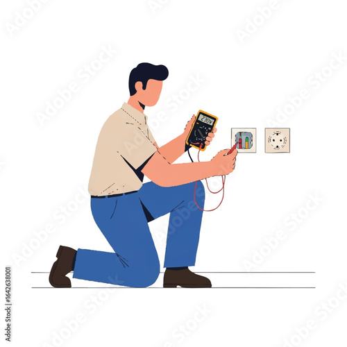 A male electrician kneels, using a multimeter to test an electrical outlet, ensuring safety and proper functionality within a domestic environment.