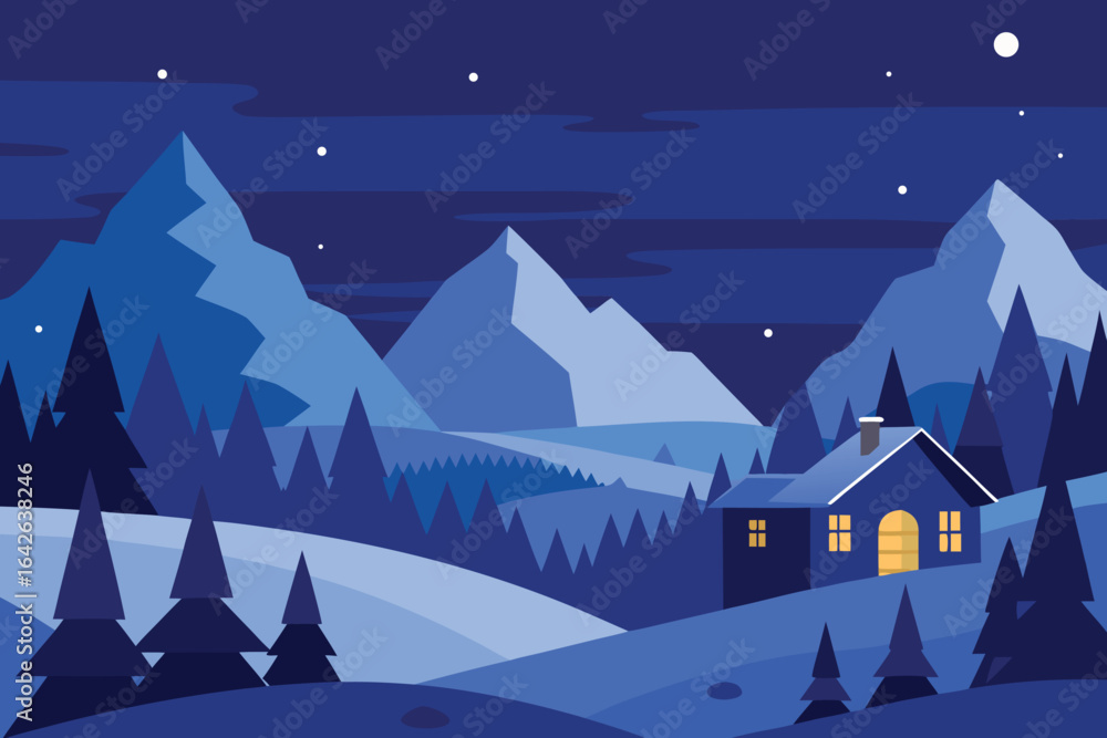 Fototapeta premium Photo of a cozy house nestled in a snowy winter landscape under a starry night sky, surrounded by mountains and trees in a serene and peaceful scene