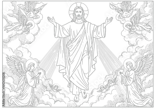 Jesus Christ Ascending Surrounded by Angels in Clouds Religious Illustration.