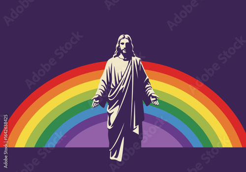 Jesus Christ with Rainbow Symbolism on Purple Background.