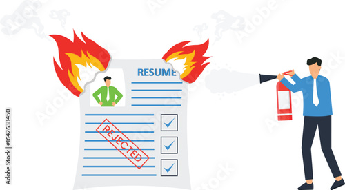Burning Resume Illustration: Man Extinguishes Flames on Rejected Job Application Concept, career goals, employment crisis, career path, job market, employment opportunity, career advice, job 
