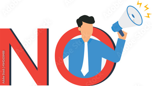 Bold 'NO' Concept with Businessman and Megaphone, Negative Concept, Flat Design, effective design, clear message, businessman figure, megaphone design, yellow sound, denial concept, bold letters,