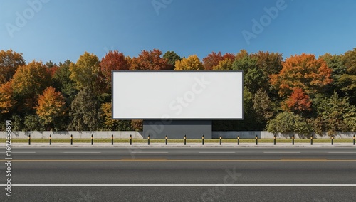 A large blank billboard stands beside an empty road and colorful autumn trees