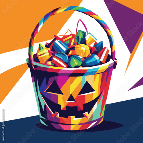 Colorful Pop Art Halloween Pumpkin Bucket Filled With Candy jack o lantern