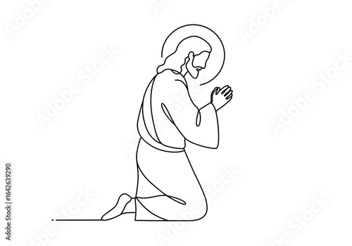 Continuous Line Drawing of Kneeling Jesus Christ Praying with Halo.