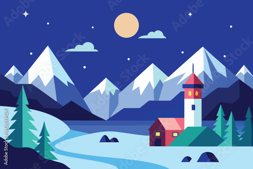 Photo of a serene winter landscape featuring snowcapped mountains, a quaint house with a tower, and a starlit night sky, creating a peaceful scene
