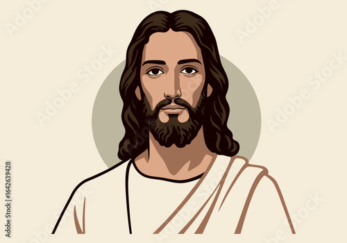 Vector Portrait of Jesus Christ with Brown Hair and Beard.