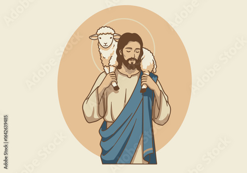 Jesus Christ Carrying a Lamb on His Shoulders Religious Illustration.