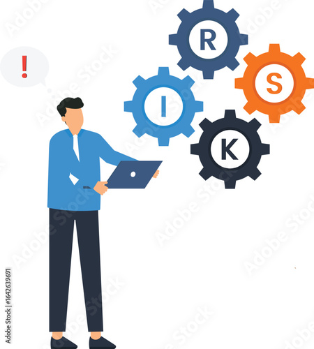 Businessman with laptop and gears, concept of problem solving, innovation and ideas, flat design, problem solving, gear concept, laptop screen, digital device, office worker, work process, creative