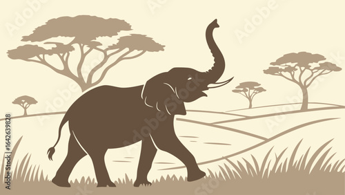 Elephant silhouette walking in african savanna with trees and grass in monochrome illustration