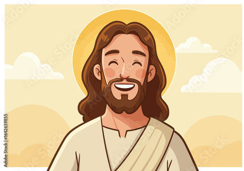 Smiling Cartoon Jesus Christ with Halo and Beard Illustration.