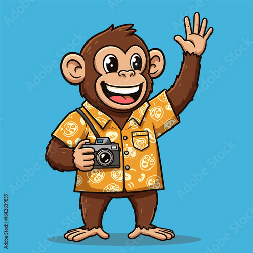Cartoon monkey in a smiley-pattern Hawaiian shirt, waving and holding a camera against a light blue background.