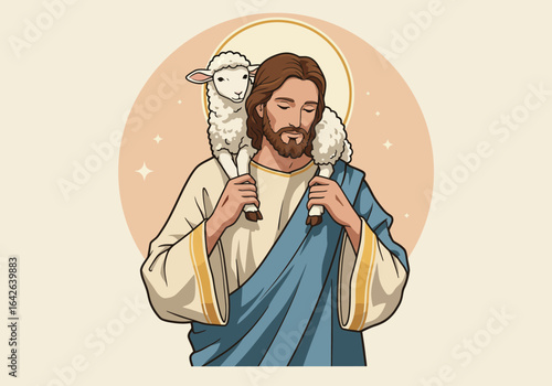 Jesus Christ Carrying a Lamb on His Shoulders Cartoon Style.
