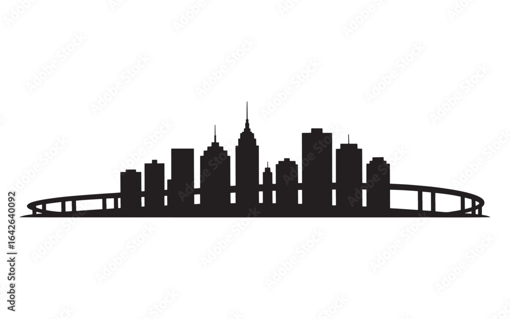 Naklejka premium Striking Silhouette of a Modern Metropolis An Urban Landscape Defined by Towering Skyscrapers and an Elevated Bridge Connecting City Sections