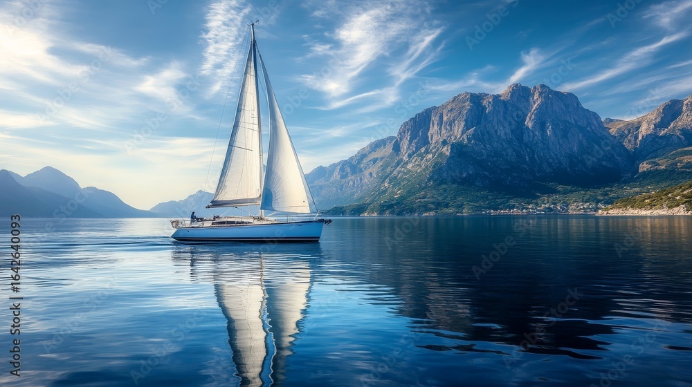 Obraz premium Luxury sailboat cruising peaceful waters, towering rocky mountains in background, pristine white sails catching wind, deep blue ocean reflections, wispy cirrus clouds in clear sky, afternoon golden