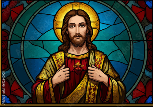 Stained Glass Depiction of Jesus Christ with Halo and Sacred Heart.