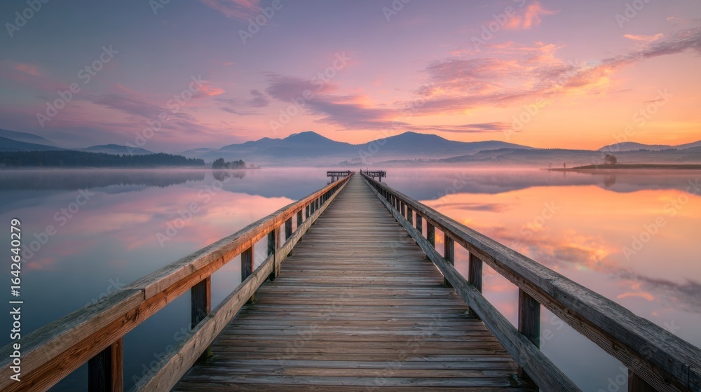 Fototapeta premium Wooden dock sunrise over calm lake