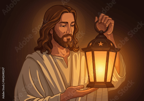 Jesus Christ Holding a Glowing Lantern in the Darkness.