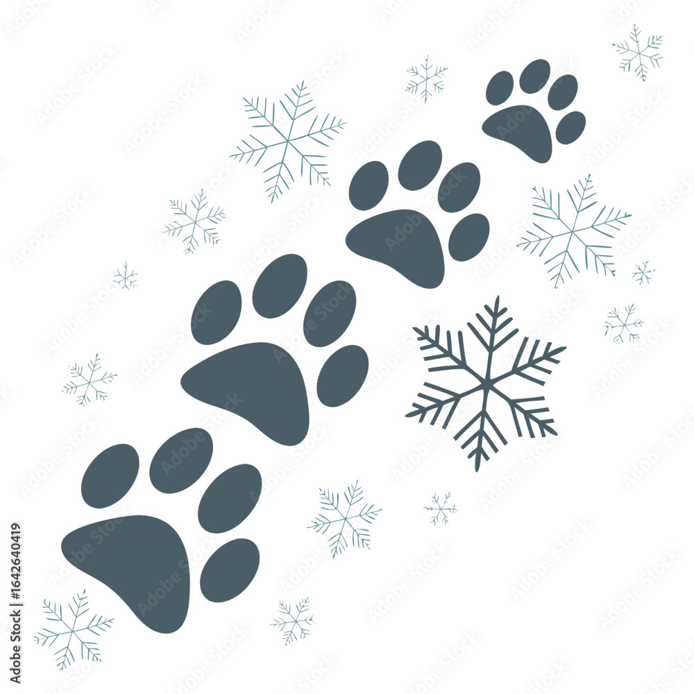 Fototapeta premium Abstract paw prints with snowflakes, muted tones, clean vector repeat. 