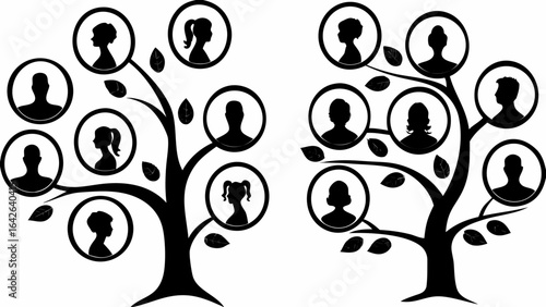 Two stylized family trees with silhouette portraits of family members in circles and leaves around branches