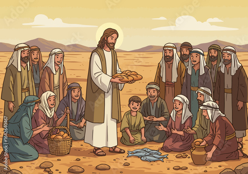 Jesus Feeding the Multitude with Bread and Fish in the Desert.