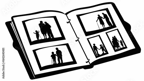 Open photo album showcasing family memories in silhouette with parents children and grandparents depicted inside
