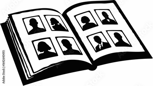 Open photo album displaying black and white silhouette portraits arranged on facing pages in a book format