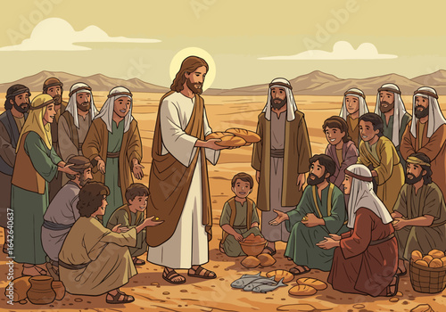 Jesus Distributing Bread and Fish to a Crowd in the Desert.