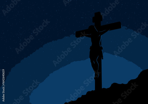 Silhouette of Jesus Christ on the Cross at Night.