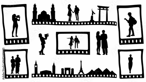 Silhouette of people and landmarks in film strip frames capturing travel and memories in black and white