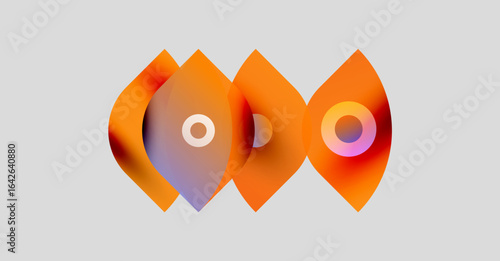 Abstract shapes overlap, creating vibrant orange, purple gradients. Circles reside within pointed forms, offering visual contrast.