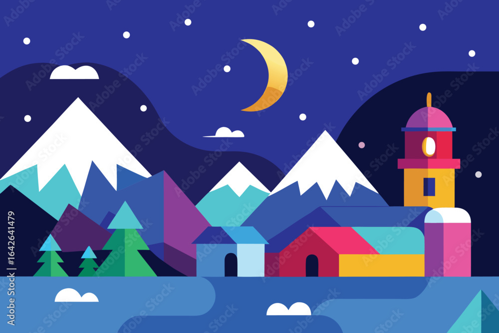 Fototapeta premium Photo of colorful winter night landscape with snowy mountains, village houses, tower, moon and stars in flat design style, vector illustration