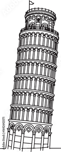 Tilted Architectural Sketch of Pisa Tower Detailed Columns in Clean Line Style