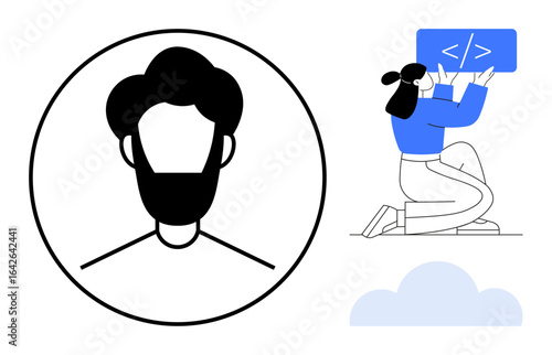 Woman kneeling while writing code on a digital screen, avatar with beard in a circular frame, cloud icon. Ideal for web development, coding, technology, digital identity, user profile, teamwork