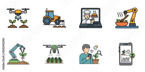 Visual representation of futuristic agriculture and culinary processes, blending drones, robotics, and mobile technology for efficiency
