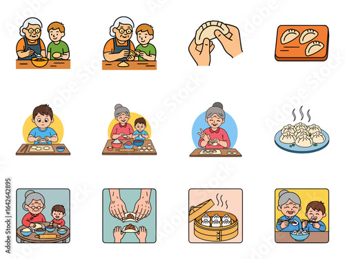 Heartwarming illustrations of families making dumplings together, from rolling dough to enjoying the freshly steamed meal