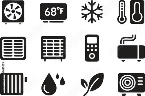 Air Conditioning and Climate Control Icons – Heating, Cooling, Temperature, and Ventilation Vector Set