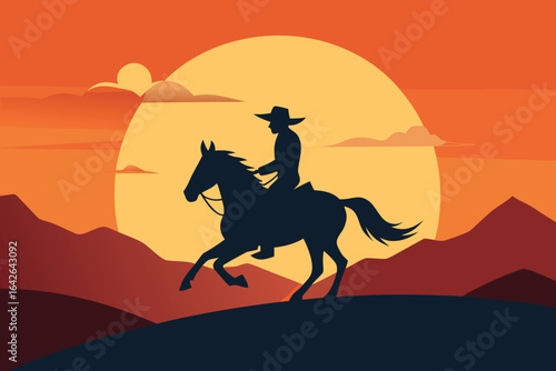 Photo of silhouette of a cowboy riding a horse against a vibrant sunset in the wild west landscape, capturing the spirit of adventure and freedom